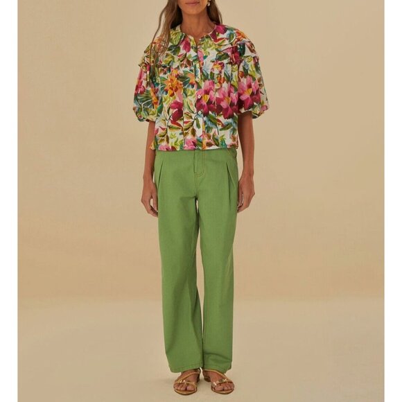 FARM Rio Green Straight Pleat Pants NWOT Women's Size 27 W29 Cotton High Waist - Picture 3 of 14